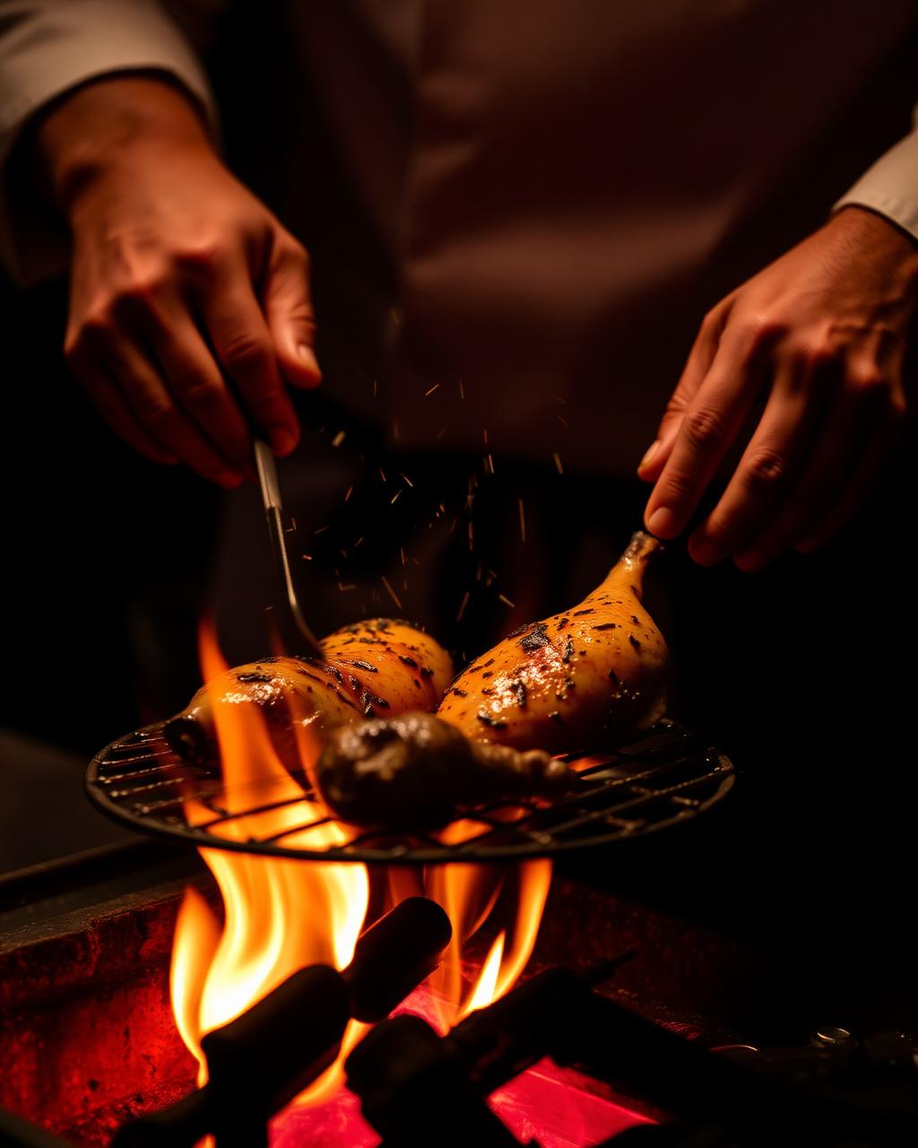 Chef grilling Portuguese chicken over flames